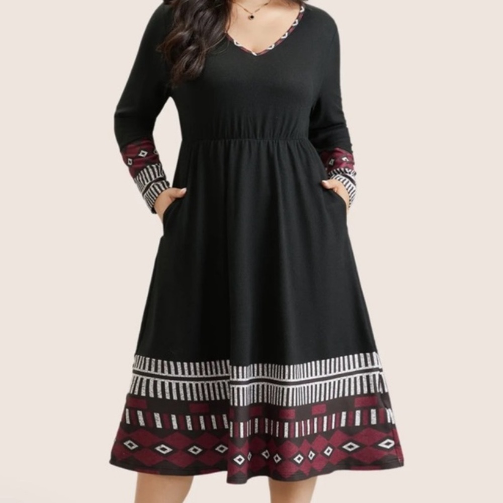 BloomChic Patchwork Geometric Pocket Elastic Waist Dress Black Size 28 5X